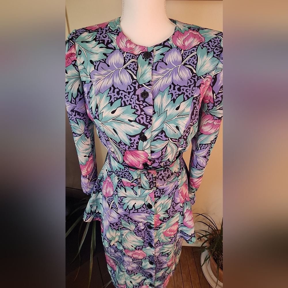 80s Polyester Floral Belted Dress Green Purple Pink Black Peplum Midi FABULOUS!